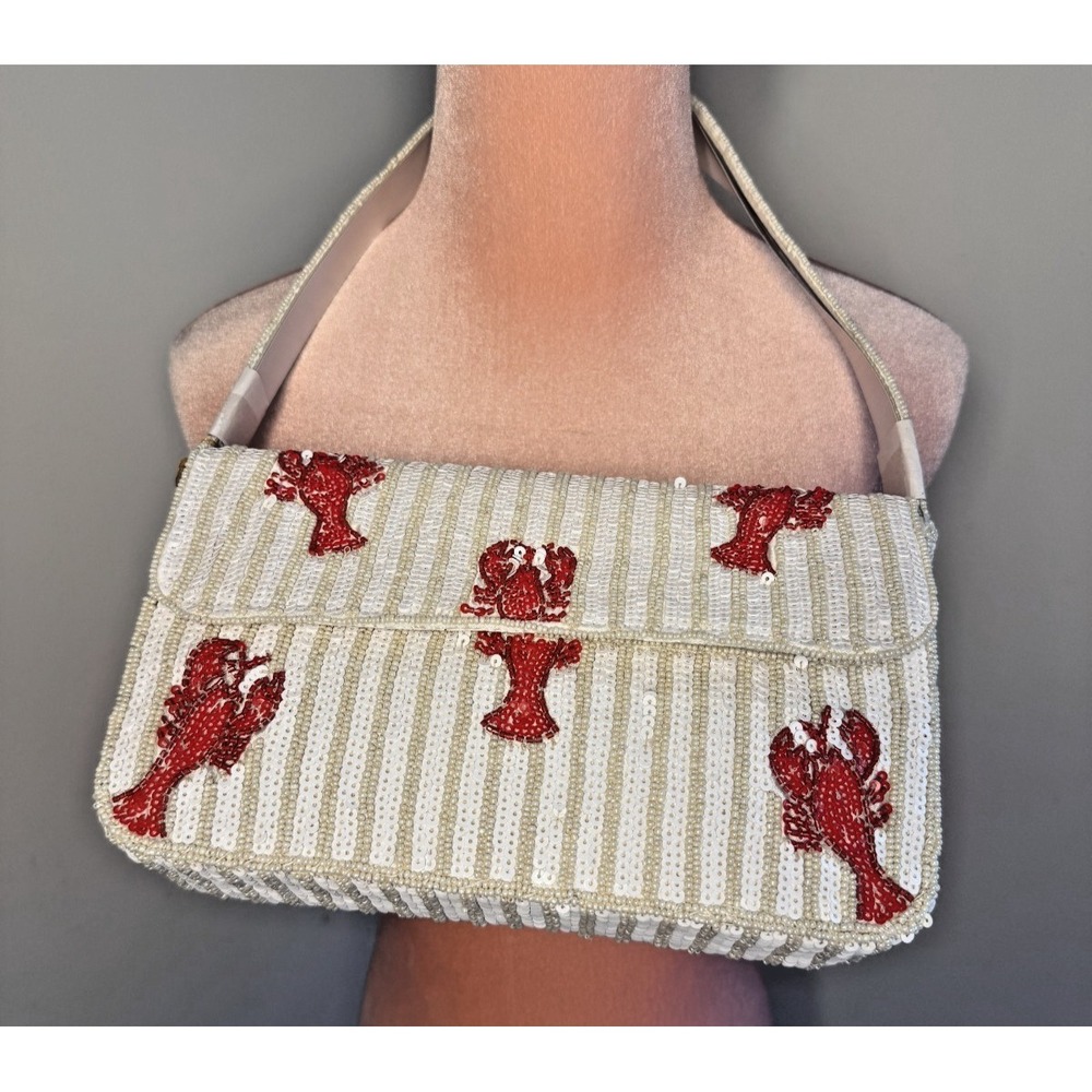 Viral‎ TJ Maxx Beaded Lobster Shoulder Bag White Red Magnetic Closure Rare